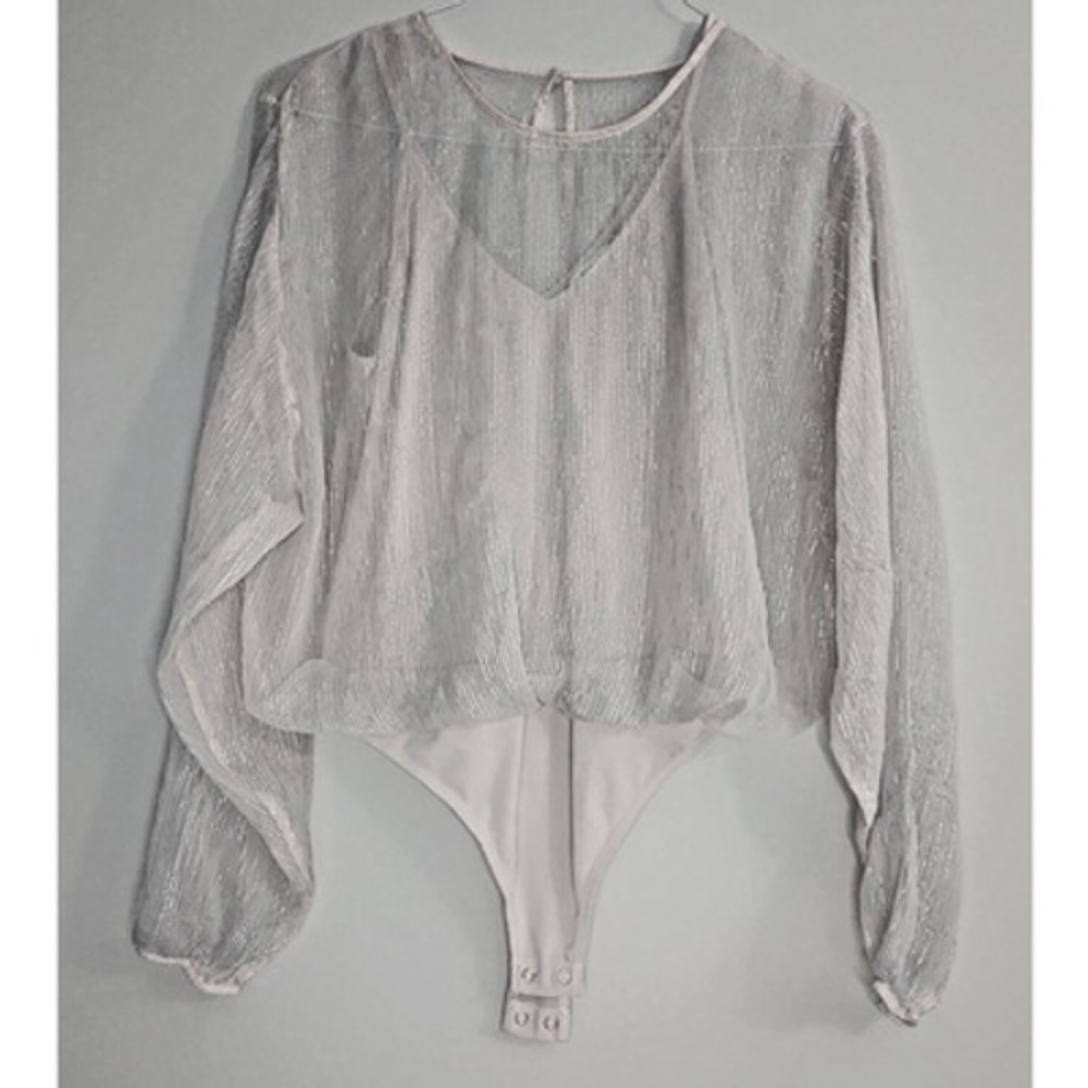Express Bodysuit Pale Pink Metallic Stripeโ Sheer Balloon Sleeve Womens Medium